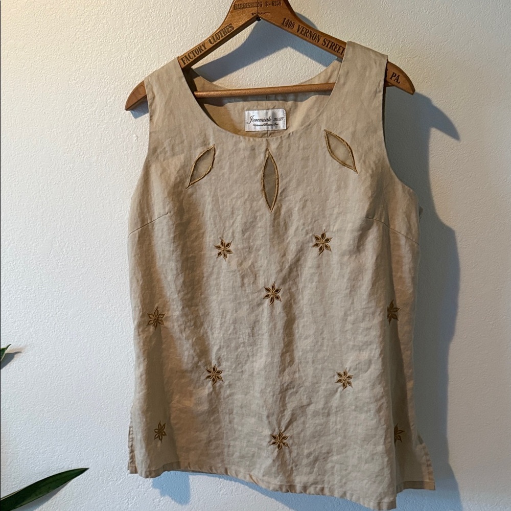 Jeremiah 32:27 Embroidered Beige Sleeveless Linen Top Size 12